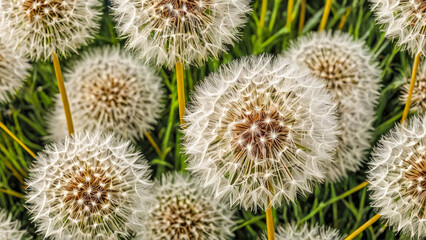Obraz premium Dandelion background. Densely arranged fluffy perfectly spherical dandelion heads. Warm, soft lighting envelops fluffy landscape with rich, airy glow. Mesmerizing abstract textural landscape.