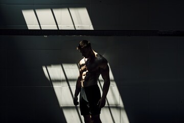 Shadowed Muscles: Contemplative Bodybuilder in Dim Light