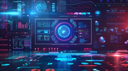 The graphical user interface on this technology background embodies abstract concepts of communication and design innovation