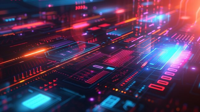 The graphical user interface on this technology background embodies abstract concepts of communication and design innovation