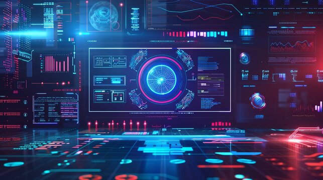 The graphical user interface on this technology background embodies abstract concepts of communication and design innovation