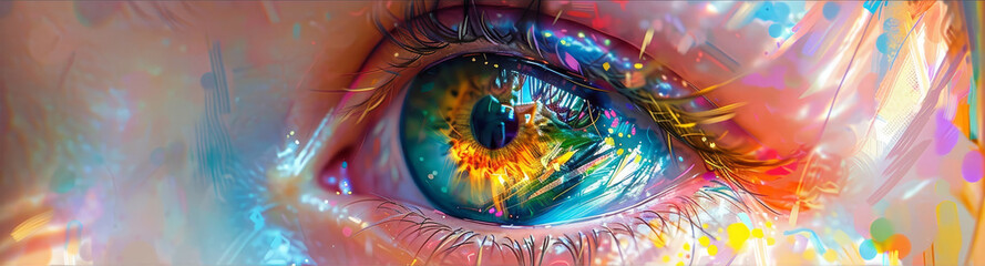 Captivating closeup of a child's wide,wonder-filled eye reflecting a vibrant,dreamlike and playful scene in a digital painting. The image showcases the innate curiosity.