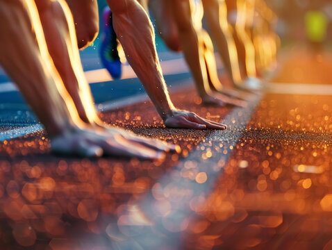 athletes poised at starting line on track field during sunset