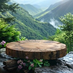 Fototapeta premium Photo of a wooden podium with nature landscape in the background for product presentation