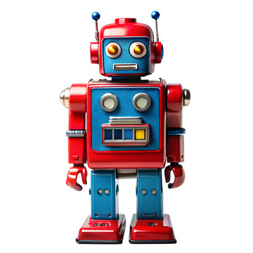 A red and blue retro robot on isolated PNG background.
