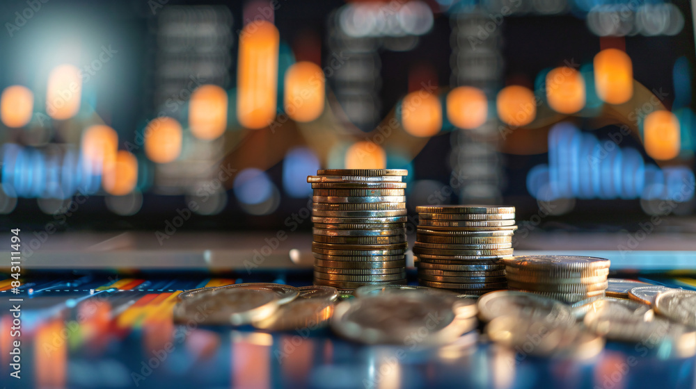 Poster close-up of stacked coins with colorful financial chart blur in background symbolizing investment gr