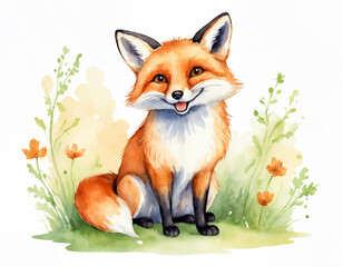 Obraz premium Smiling Cartoon Fox in a Watercolor Field