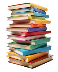 Stack of colorful books on isolated PNG background.
