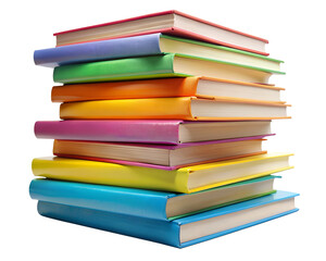 Stack of colorful books on isolated PNG background.