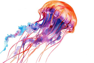 Jellyfish. Captivating watercolor rendition. Presented on pure white canvas. Artistic interpretation of oceanic elegance. Harmonious blend of abstract and realistic elements