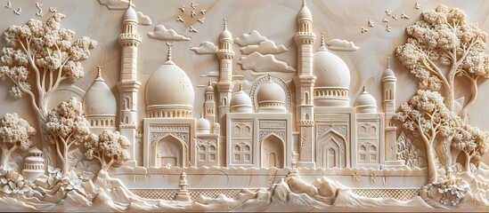 Beautiful mosque 3d relief wallpaper. Mural wallpaper. Wall art. AI generated illustration.