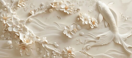 Beautiful fish 3d relief wallpaper. Mural wallpaper. Wall art. AI generated illustration.