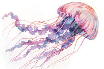 Fototapeta premium Jellyfish. Watercolor illustration style. Isolated on a white background. Creative conceptual marine life art. Abstract brush strokes with a touch of ethereal realism