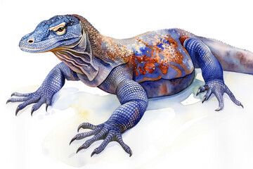 Obraz premium Komodo Dragon. Authentic watercolor style. Set against a clean white backdrop. Unique artistic portrayal of nature's wonder. Blend of abstract flair and lifelike details
