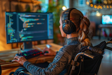 Obraz premium Woman Codes at Night in Front of Dual Monitors