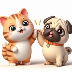 cute cat and pug dog high five cartoon 3d Generative aI
