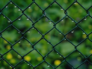 Fototapeta premium Raindrops on a Chain Link Fence