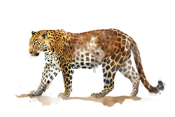 Leopard. Captivating watercolor rendition. Presented on pure white canvas. Artistic interpretation of fascinating wildlife. Fusion of abstract and realistic elements