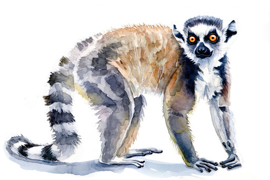 Lemur. Authentic watercolor style. Set against a clean white backdrop. Unique artistic portrayal of nature's wonder. Blend of abstract flair and lifelike details.