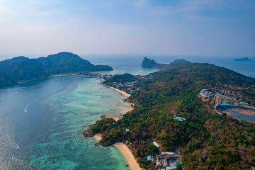 Aerial view long sandy beach on Phi Phi island, Thailand