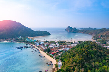 Aerial view panorama landscape longtail boat on Phi Phi island from drone, travel landmark of...