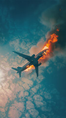 Naklejka premium Airplane Flying Through Fire and Smoke in Cloudy Sky