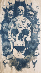 Blue And White Skull Illustration With Bats On Parchment Paper