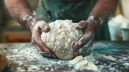 Baker kneads dough on a wooden table. The dough is covered in flour. The baker's hands are also...