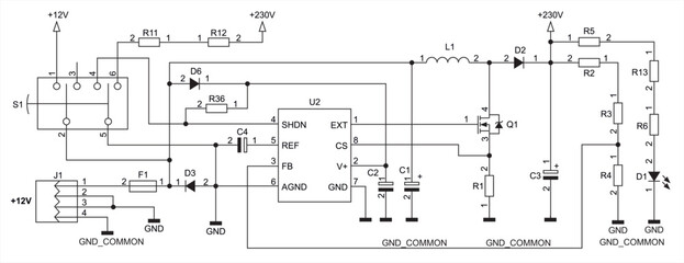 Schematic diagram of electronic device on sheet of paper.  Vector drawing electrical circuit with usb connector,
resistor, integrated circuit, capacitor, led,
diode, coil, other components.