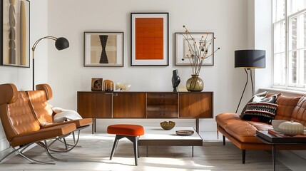 The sleek interior room is adorned with white tiles and a stylish frame on the back wall. A colorful sofa with vibrant cushions adds a pop of color, complemented by a bright ceiling and a potted plant