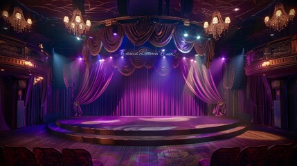 Experience a Timeless Sense of Awe and Wonder with this High-Definition, Image of a Burlesque Cabaret Stage adorned with Amethyst Velvet Curtains and Soft Chartreuse Lighting.