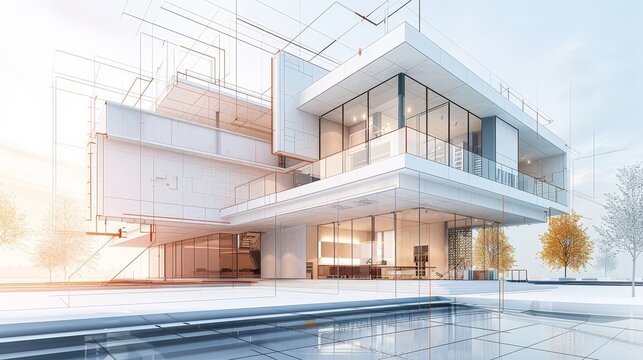 Residential building blueprint with detailed structural drawing, combining realistic house models and wireframe line overlays, abstract style