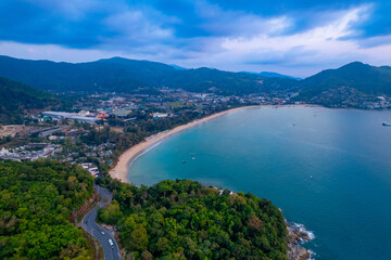 Obraz premium Concept tropical travel photo Thailand. Panorama sunset Kamala beach with sea of Phuket paradise Aerial top view.