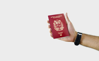 Man holding Venezuela Passport in hand on white background with copy space