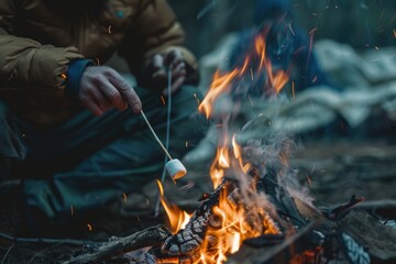 Person roasting marshmallows over a campfire