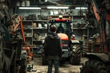 A person standing in a garage with a tractor visible in the background
