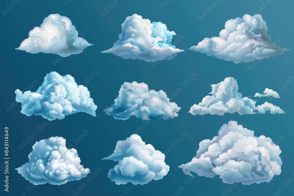 Poster a picture of clouds floating in the sky with different shapes and forms