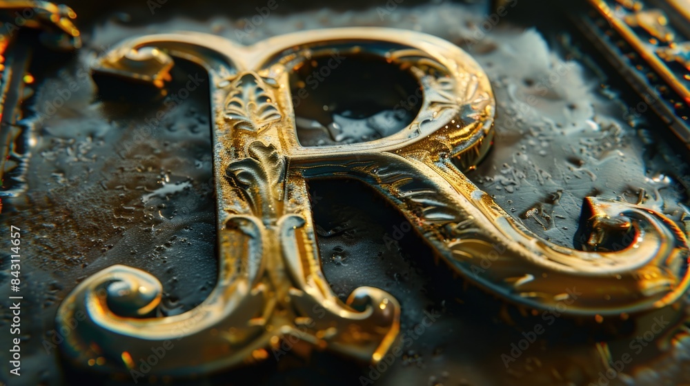 Poster close-up shot of a gold letter on a metallic surface, suitable for use in designs and layouts where 