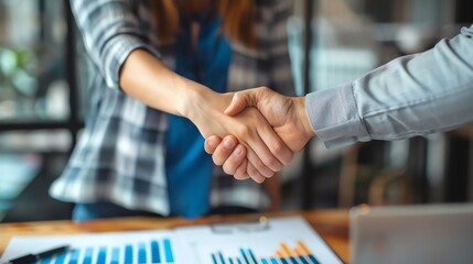 A professional man and woman shake hands over a desk. The woman is wearing a blue shirt, and the man is wearing a white shirt. They are both smiling.
