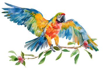 Fototapeta premium Arara Bird. Striking watercolor rendition. Displayed against a pure white backdrop. Artistic representation of colorful avian diversity. Harmonious fusion of abstract expression and lifelike detail.