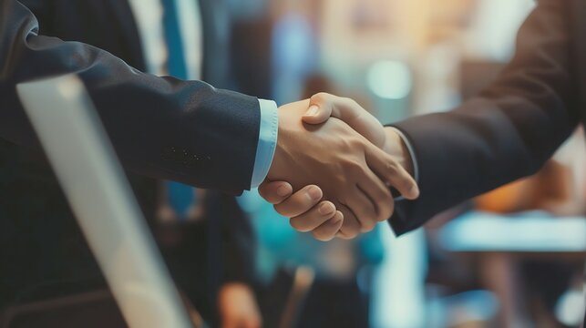 Two businessmen in suits shaking hands in agreement.