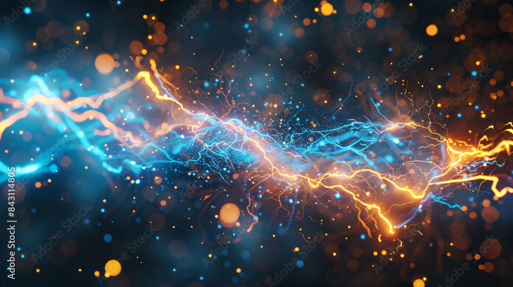 Poster energetic electric blue and orange lines on a bokeh particle background