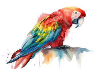 Obraz premium Arara Macaw Bird. Dynamic watercolor rendition. Presented on a clean white canvas. Artistic exploration of vibrant avian allure. Harmonious blend of abstract and naturalistic forms
