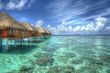 Cozy thatched huts situated on the edge of a lake or river, perfect for a serene vacation spot