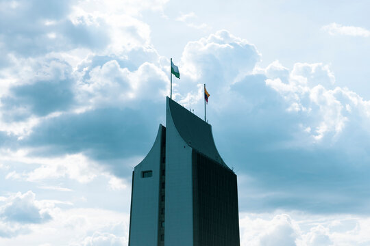 Medellin, Antioquia, Colombia. April 23, 2023.  Coltejer Building, was built on the old theater and the Europa Jun&iacute;n Hotel, beginning in 1968 and ending four years later, in 1972.