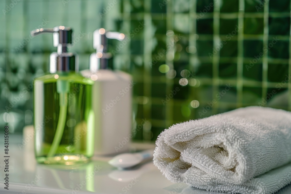 Poster a white towel sits on top of a counter next to a bottle of liquid