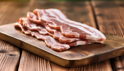 Gourmet raw bacon slices on wooden board. Natural and tasty product. Fresh meat. Close-up.