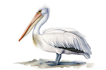 Pelican. Authentic watercolor style. Set against a clean white backdrop. Unique artistic portrayal of coastal avian beauty. Blend of abstract flair and lifelike details.