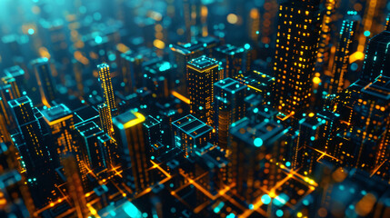 Nighttime 3d rendering of a futuristic city with glowing neon skyscrapers