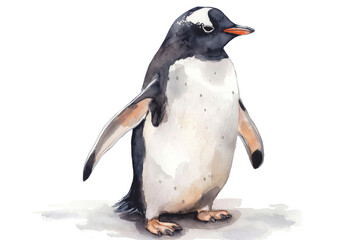 Penguin. Watercolor illustration style. Isolated on a white background. Creative conceptual wildlife animal art. Abstract brush strokes with a hint of realism.